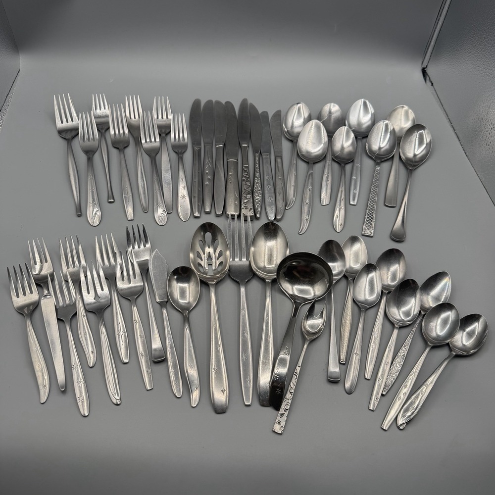 Vintage Mixed MCM Atomic‎ Flatware Set 47pcs Service for 8 Serving Starburst